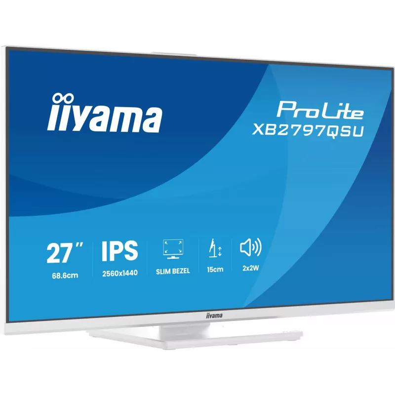 27 inch IIYAMA ProLite XB2797QSU-W1 IPS Quad HD (2560x1440) LED monitor, 178° viewing, USB 3.2 hub, speakers, VESA, height adjustable, white