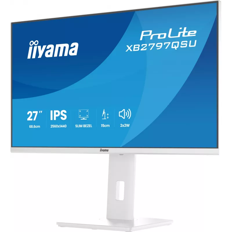 27 inch IIYAMA ProLite XB2797QSU-W1 IPS Quad HD (2560x1440) LED monitor, 178° viewing, USB 3.2 hub, speakers, VESA, height adjustable, white