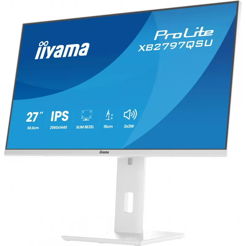 27 inch IIYAMA ProLite XB2797QSU-W1 IPS Quad HD (2560x1440) LED monitor, 178° viewing, USB 3.2 hub, speakers, VESA, height adjustable, white