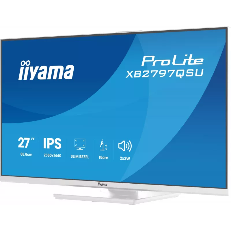 27 inch IIYAMA ProLite XB2797QSU-W1 IPS Quad HD (2560x1440) LED monitor, 178° viewing, USB 3.2 hub, speakers, VESA, height adjustable, white