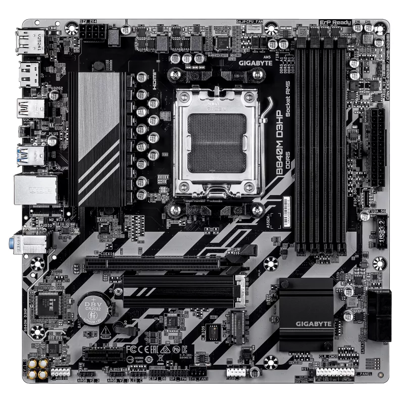 GIGABYTE B840M D3HP Motherboard - AMD Ryzen 9000 CPUs, 8+2+2 Phases VRM, up to 8200MHz DDR5(O.C), 2xPCIe 4.0 M.2, 1GbE LAN, USB 3.2 Gen 2