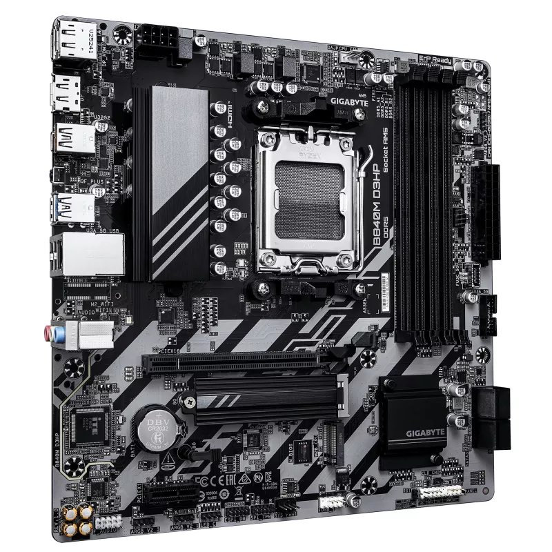 GIGABYTE B840M D3HP Motherboard - AMD Ryzen 9000 CPUs, 8+2+2 Phases VRM, up to 8200MHz DDR5(O.C), 2xPCIe 4.0 M.2, 1GbE LAN, USB 3.2 Gen 2