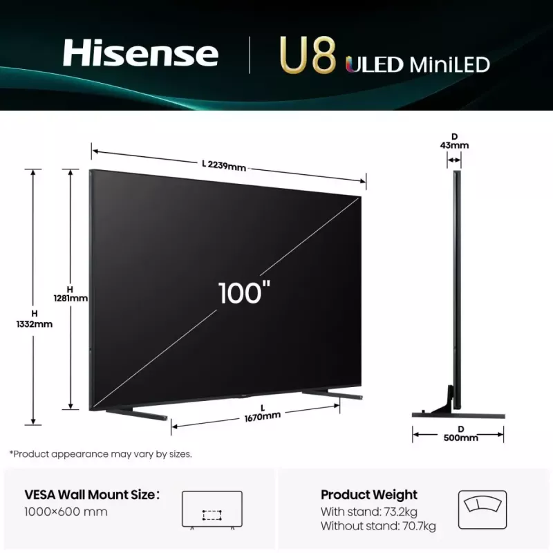 TV Hisense 100U8Q 100 inch (253 cm) 4K ULED Smart TV Mini LED, VIDAA, Wi‑Fi, DVB-T2/C/S2, Black/Grey