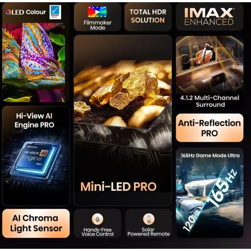 TV Hisense 100U8Q 100 inch (253 cm) 4K ULED Smart TV Mini LED, VIDAA, Wi‑Fi, DVB-T2/C/S2, Black/Grey