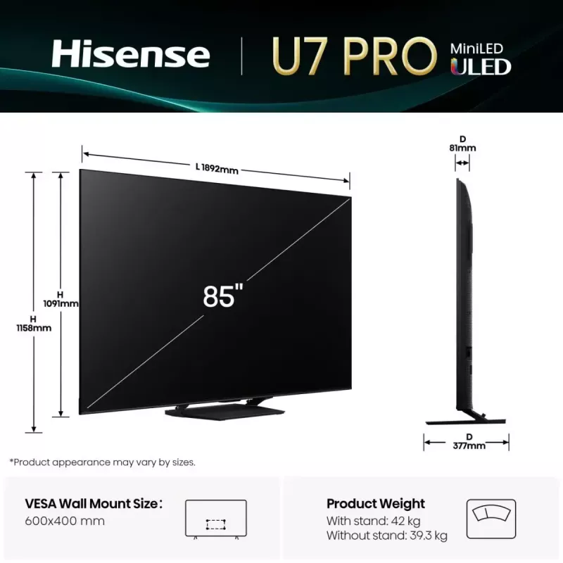 Hisense U7Q PRO 85U7Q PRO 2.16 m (85 inch) 4K Ultra HD Smart TV Wi-Fi Black 500 cd/m²