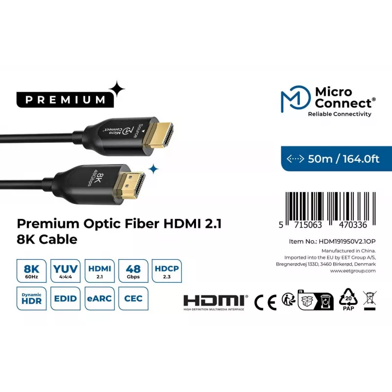 HDMI cable Microconnect HDM191950V2.1OP 2.1 4K 60Hz 8K 120Hz