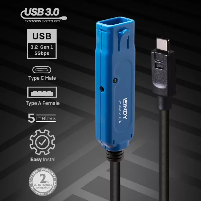 Lindy 5m USB 3.2 Gen 1 C/A Active Extension Pro, 5 m, USB C, USB A, USB 3.2 Gen 1 (3.1 Gen 1), Black