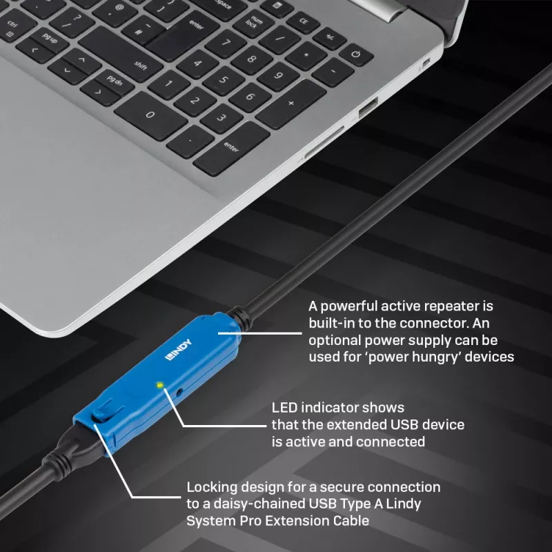 Lindy 5m USB 3.2 Gen 1 C/A Active Extension Pro, 5 m, USB C, USB A, USB 3.2 Gen 1 (3.1 Gen 1), Black