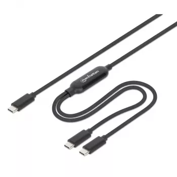 Manhattan Dual USB-C to USB-C Charging Cable, 100W, 2m, Male to Two Males, Smart Power Splitter Cable, Charges Two Devices from One USB-C PD Port, Delivers up to 100W for single charging and up to 70W + 28W for dual charging, Braided Jacket, Aluminum Boot, Black