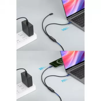 Manhattan Dual USB-C to USB-C Charging Cable, 100W, 2m, Male to Two Males, Smart Power Splitter Cable, Charges Two Devices from One USB-C PD Port, Delivers up to 100W for single charging and up to 70W + 28W for dual charging, Braided Jacket, Aluminum Boot, Black
