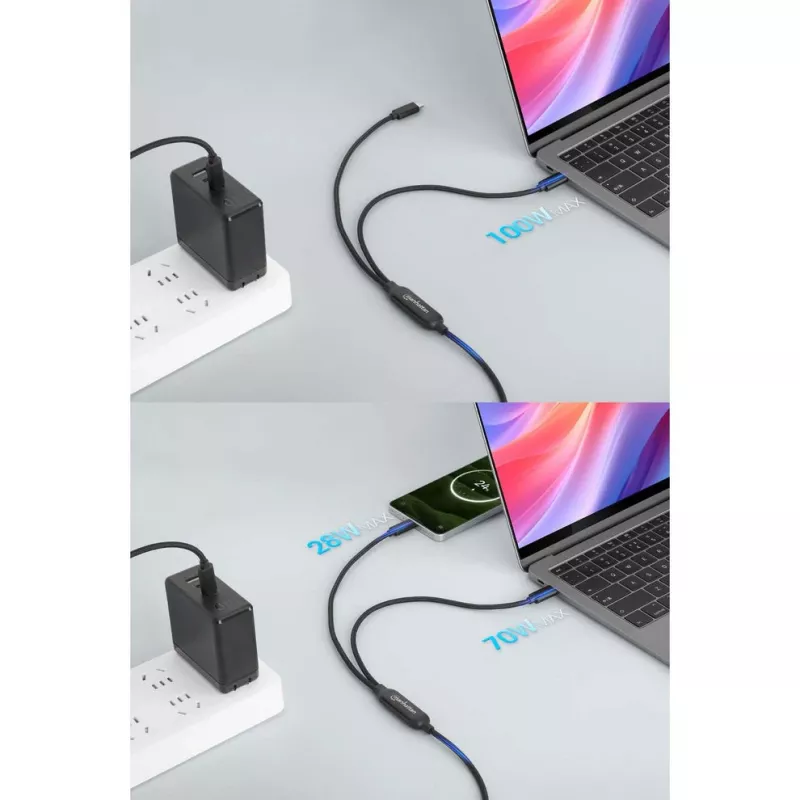Manhattan Dual USB-C to USB-C Charging Cable, 100W, 2m, Male to Two Males, Smart Power Splitter Cable, Charges Two Devices from One USB-C PD Port, Delivers up to 100W for single charging and up to 70W + 28W for dual charging, Braided Jacket, Aluminum Boot, Black