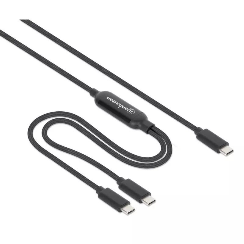 Manhattan Dual USB-C to USB-C Charging Cable, 100W, 2m, Male to Two Males, Smart Power Splitter Cable, Charges Two Devices from One USB-C PD Port, Delivers up to 100W for single charging and up to 70W + 28W for dual charging, Braided Jacket, Aluminum Boot, Black