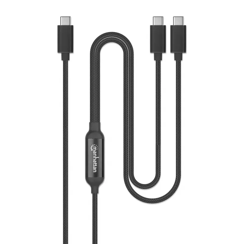 Manhattan Dual USB-C to USB-C Charging Cable, 100W, 2m, Male to Two Males, Smart Power Splitter Cable, Charges Two Devices from One USB-C PD Port, Delivers up to 100W for single charging and up to 70W + 28W for dual charging, Braided Jacket, Aluminum Boot, Black