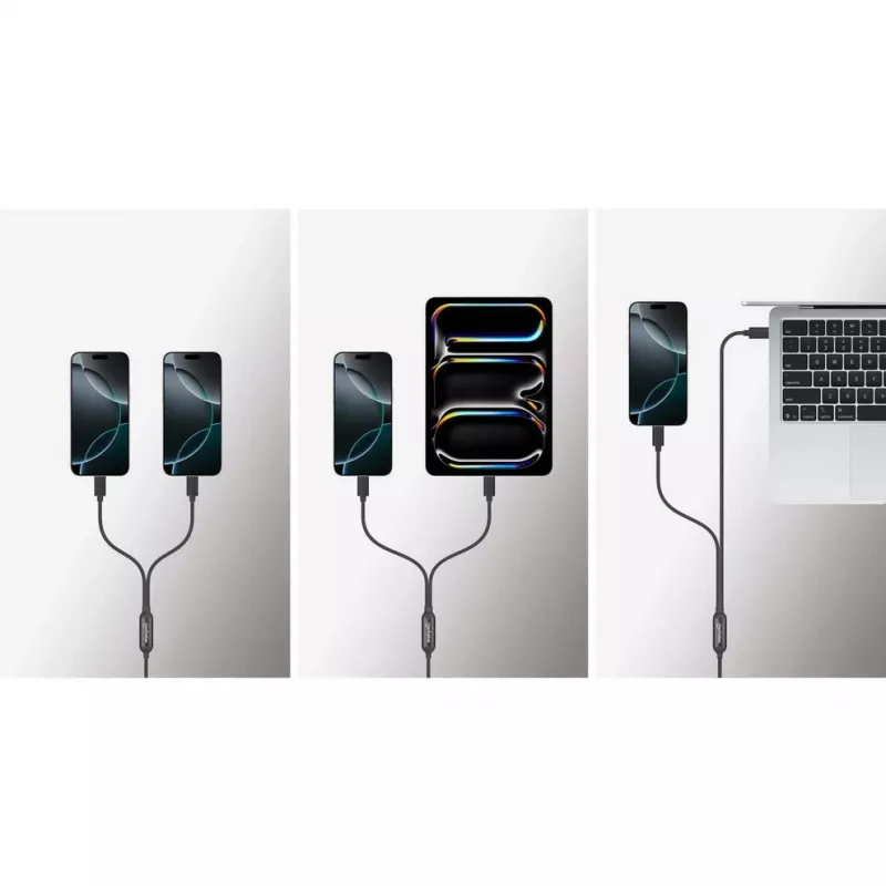 Manhattan Dual USB-C to USB-C Charging Cable, 100W, 2m, Male to Two Males, Smart Power Splitter Cable, Charges Two Devices from One USB-C PD Port, Delivers up to 100W for single charging and up to 70W + 28W for dual charging, Braided Jacket, Aluminum Boot, Black