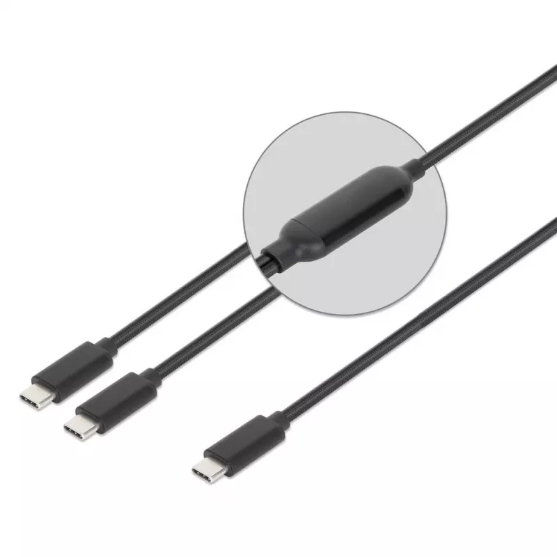 Manhattan Dual USB-C to USB-C Charging Cable, 100W, 2m, Male to Two Males, Smart Power Splitter Cable, Charges Two Devices from One USB-C PD Port, Delivers up to 100W for single charging and up to 70W + 28W for dual charging, Braided Jacket, Aluminum Boot, Black