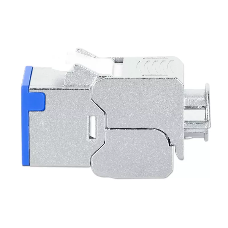Intellinet Cat6a 10G Shielded Toolless Slim Keystone Jack, Flat, Blue, RJ-45, IDC, Female, Gold