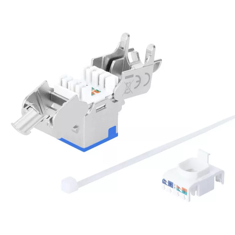 Intellinet Cat6a 10G Shielded Toolless Slim Keystone Jack, Flat, Blue, RJ-45, IDC, Female, Gold