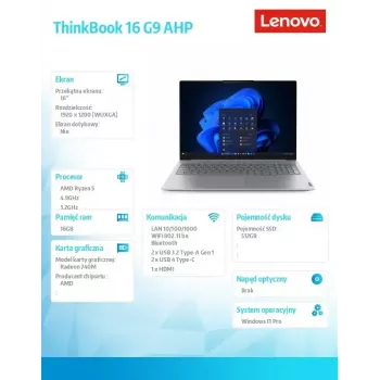 Laptop Lenovo ThinkBook 16 G9 21UT0077PB Windows 11 Pro, Intel (unspecified), 16.0 inch WQXGA, 16GB RAM, 512GB SSD, Arctic Grey