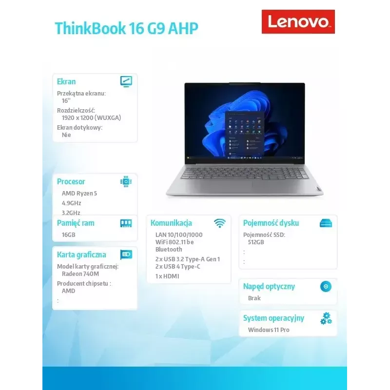 Laptop Lenovo ThinkBook 16 G9 21UT0077PB Windows 11 Pro, Intel (unspecified), 16.0 inch WQXGA, 16GB RAM, 512GB SSD, Arctic Grey