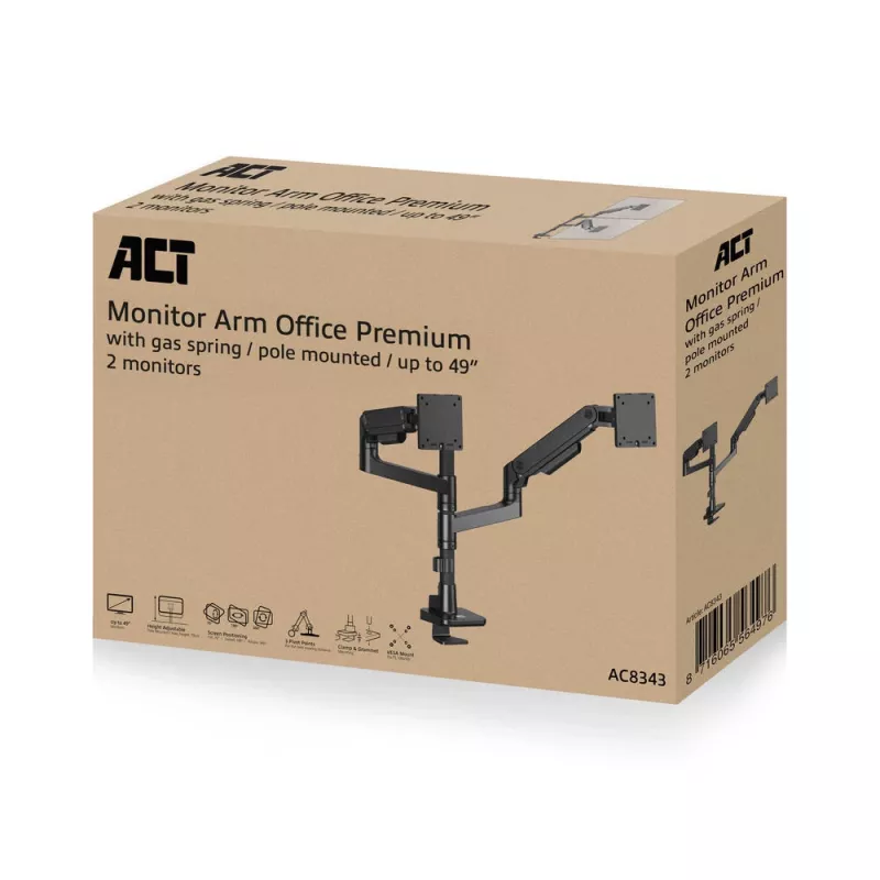ACT Monitor arm 49 inch office premium, gas spring, pole mounted, 2 monitors