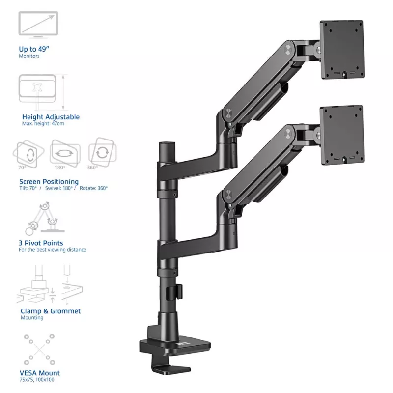 ACT Monitor arm 49 inch office premium, gas spring, pole mounted, 2 monitors