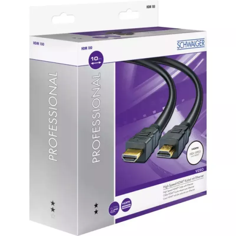 HDMI cable SCHWAIGER HDM100 013 — 10 m, HDMI Type A male–male, gold-plated contacts, black
