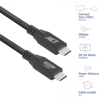 ACT USB4 20Gbps 240W USB Type-C Cable, 2 meters, 2 m, USB C, USB C, USB4 Gen 2x2, 20 Gbit/s, Black
