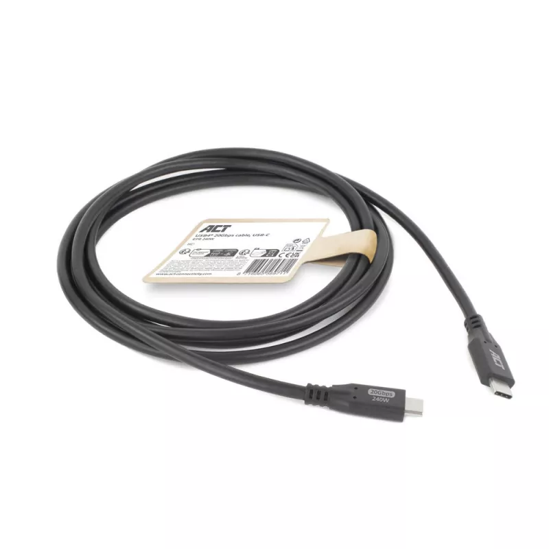 ACT USB4 20Gbps 240W USB Type-C Cable, 2 meters, 2 m, USB C, USB C, USB4 Gen 2x2, 20 Gbit/s, Black