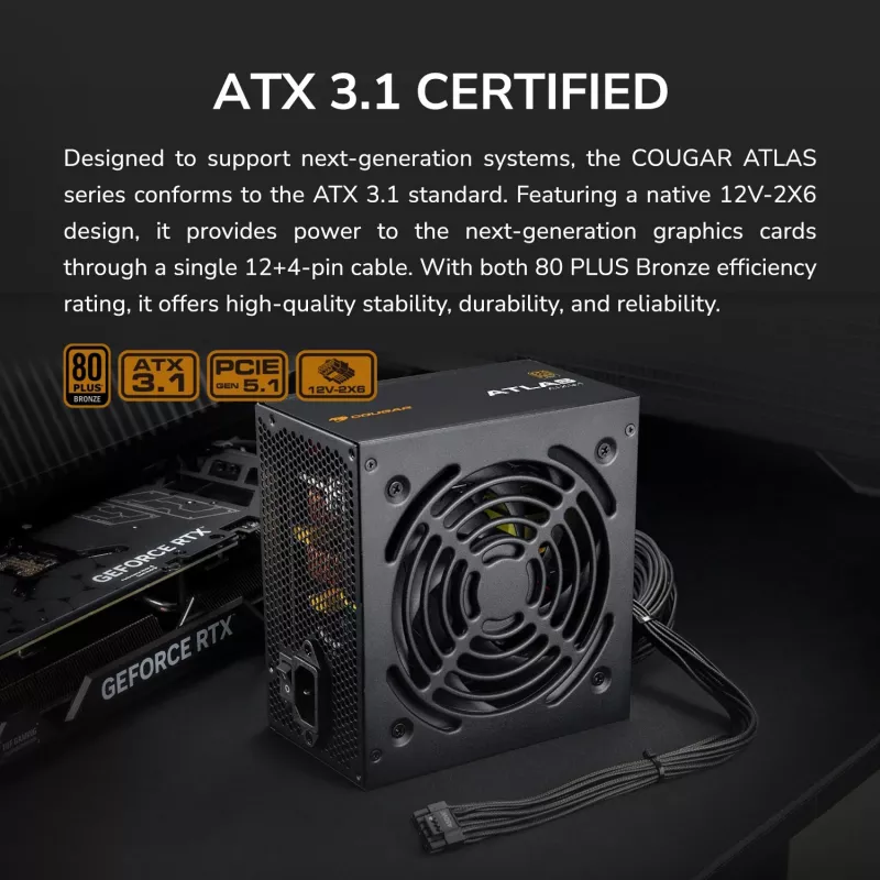 Power supply Cougar ATLAS 650W ATX3.1 80 PLUS Bronze, 24-pin ATX, 120 mm fan, black
