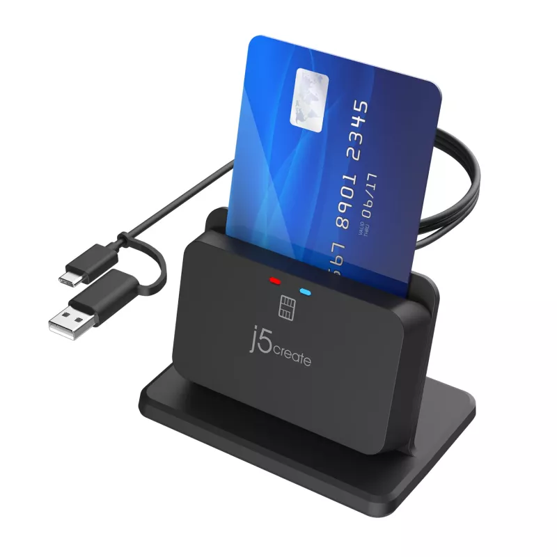 j5create JUR261 USB™ Smart Card / CAC Reader Stand, USB Type-A/USB Type-C, Black, 95 g