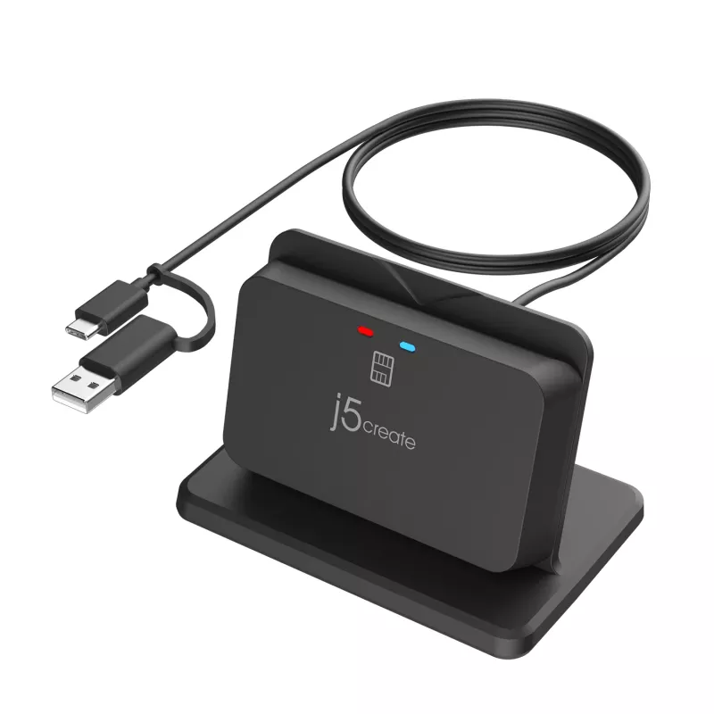 j5create JUR261 USB™ Smart Card / CAC Reader Stand, USB Type-A/USB Type-C, Black, 95 g