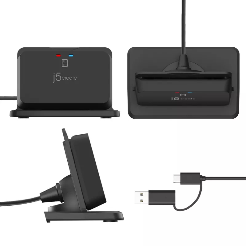 j5create JUR261 USB™ Smart Card / CAC Reader Stand, USB Type-A/USB Type-C, Black, 95 g