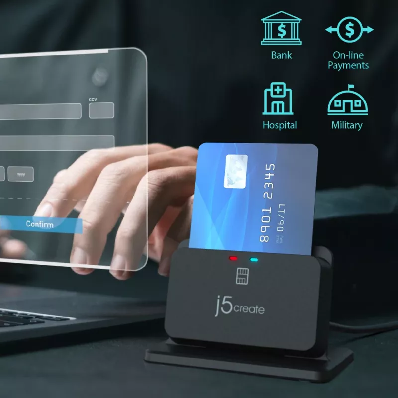 j5create JUR261 USB™ Smart Card / CAC Reader Stand, USB Type-A/USB Type-C, Black, 95 g