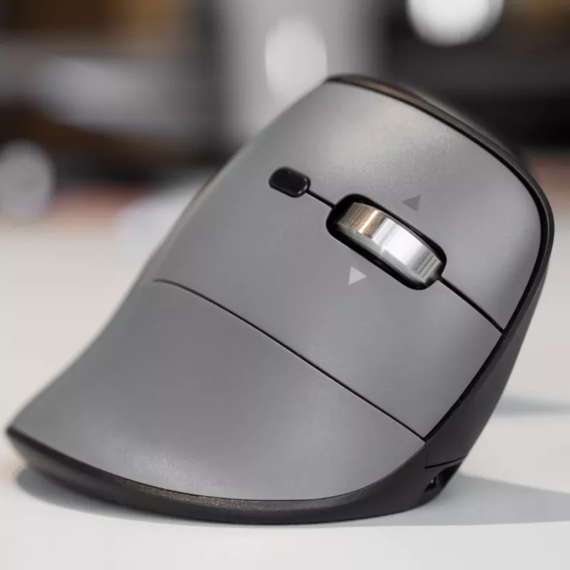 BakkerElkhuizen FastForward Pro mouse, Right-hand, Vertical design, Optical, RF Wireless + Bluetooth + USB Type-C, 5000 DPI, Black, Grey