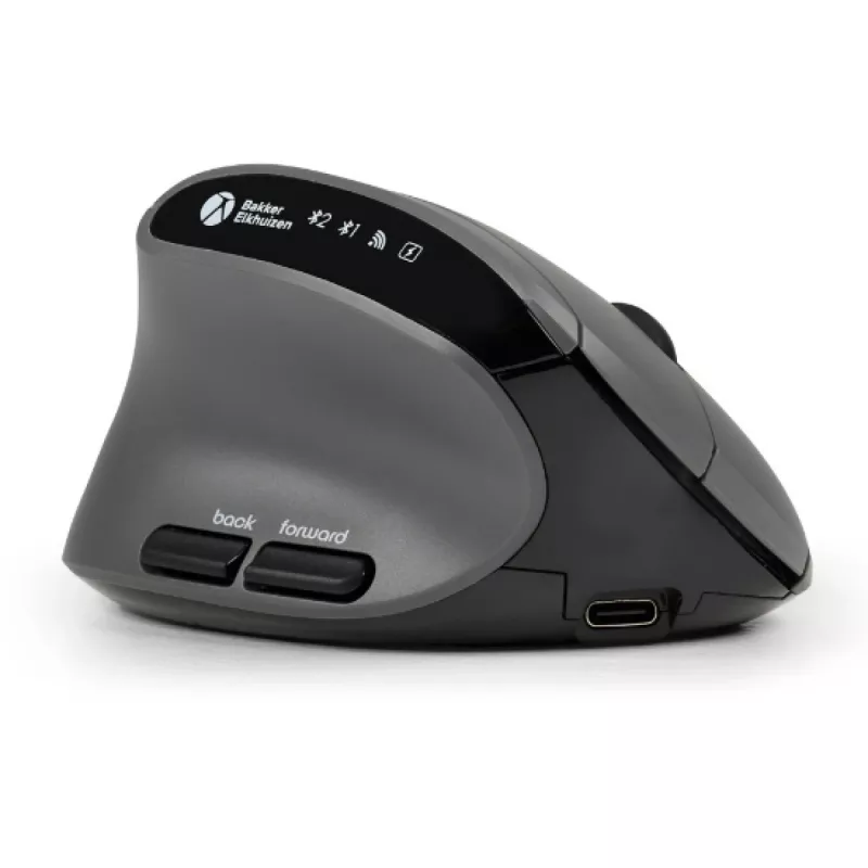 BakkerElkhuizen MidWay mouse Left, Left-hand, Vertical design, Optical, RF Wireless + Bluetooth + USB Type-C, 2400 DPI, Grey, Black