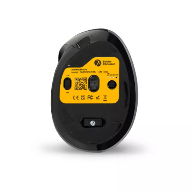 BakkerElkhuizen MidWay mouse Left, Left-hand, Vertical design, Optical, RF Wireless + Bluetooth + USB Type-C, 2400 DPI, Grey, Black