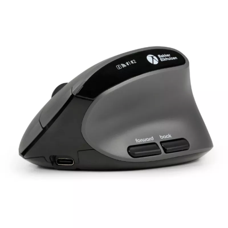 BakkerElkhuizen MidWay mouse Right, Right-hand, Vertical design, Optical, RF Wireless + Bluetooth + USB Type-C, 2400 DPI, Grey, Black