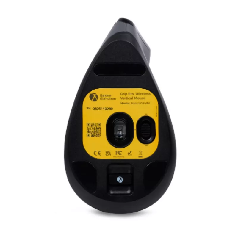 BakkerElkhuizen Grip Pro mouse, Right-hand, Vertical design, Optical, RF Wireless, 2400 DPI, Grey, Black, Yellow