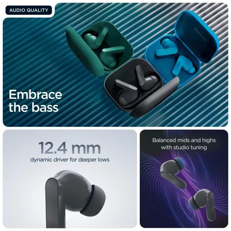 Headset MOTOROLA Moto Buds Bass TWS Bluetooth in-ear for calls and music, Black, 51 g
