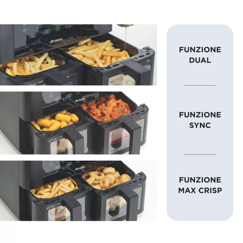 Ariete 4631 Double Air fryer 9L, 2400W, Total capacity 9L, 11 programs, Multifunction, Up to 3.6kg of fried food Temperature up to 200°C, Double basket, Black