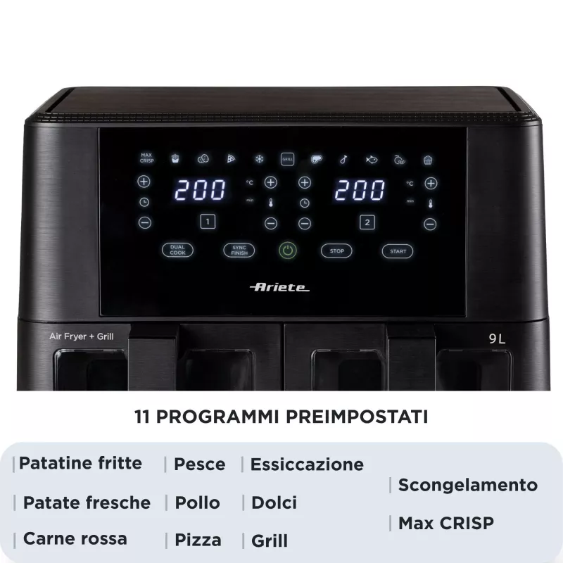 Ariete 4631 Double Air fryer 9L, 2400W, Total capacity 9L, 11 programs, Multifunction, Up to 3.6kg of fried food Temperature up to 200°C, Double basket, Black