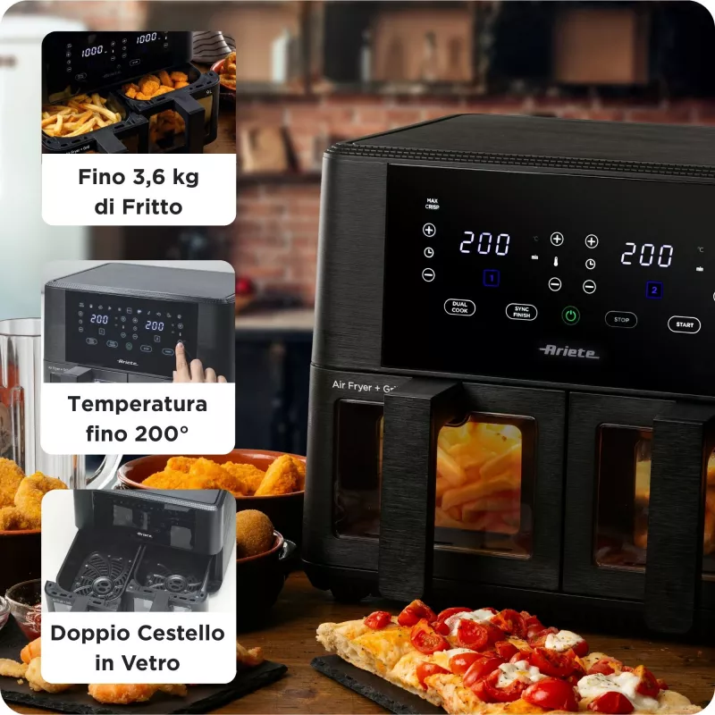 Ariete 4631 Double Air fryer 9L, 2400W, Total capacity 9L, 11 programs, Multifunction, Up to 3.6kg of fried food Temperature up to 200°C, Double basket, Black
