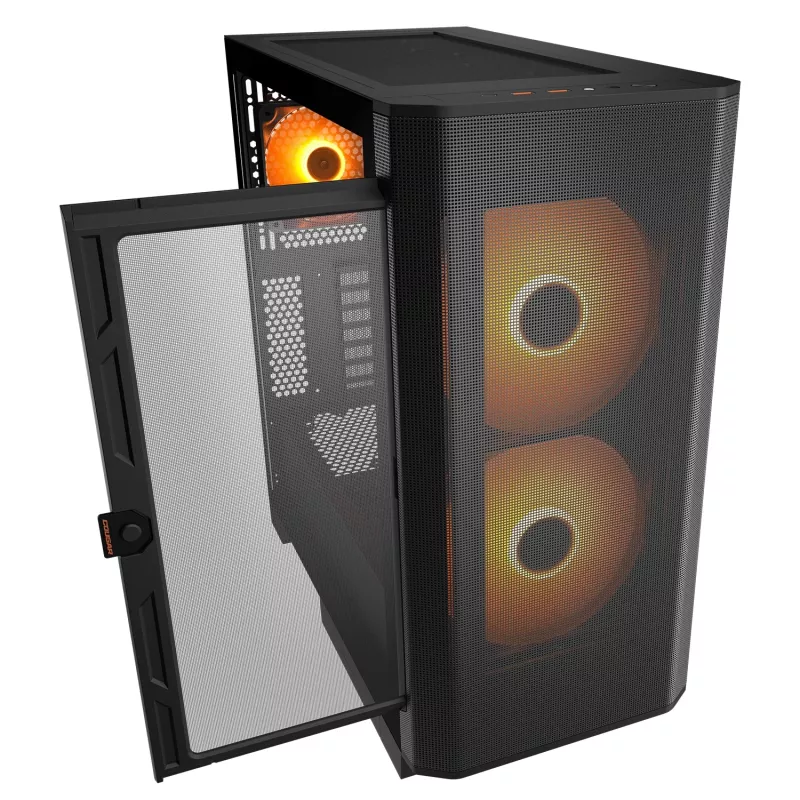 PC Midi Tower Case Cougar Airface FLO ARGB, Black — supports 2x180mm front, 1x120mm rear, 2.5/3.5 inch drives, 240×480×509 mm