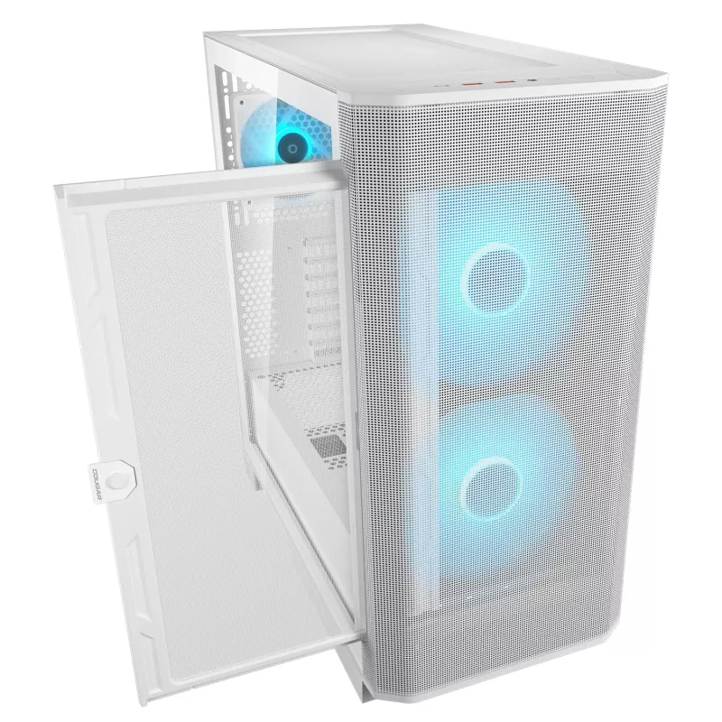 COUGAR PC Midi Tower Case Airface FLO ARGB White — 2x180mm front, 1x120mm rear, supports 2.5 inch/3.5 inch HDD, 240×480×509 mm