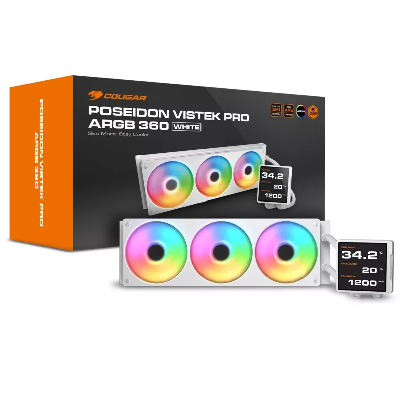 All-in-one CPU liquid cooler Cougar Poseidon Vistek Pro 360 — 120 mm fans, ARGB, White