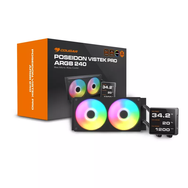 All-in-one CPU liquid cooler Cougar Poseidon Vistek Pro 240, ARGB, 120 mm fans, 700–2500 RPM, Black