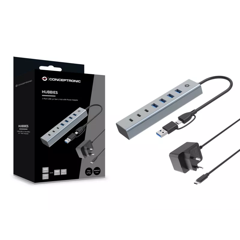 Conceptronic HUBBIES20GP 7-Port USB 3.0 Hub with Power Adapter, 5Gbps, USB-C x 3, USB-A x 4