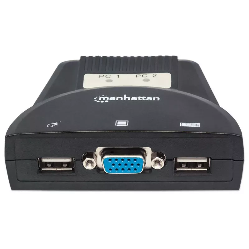Manhattan KVM Switch Mini 2-Port, 2x USB-A, Cables included, Audio Support, Control 2x computers from one pc/mouse/screen, Black, Lifetime Warranty, Boxed