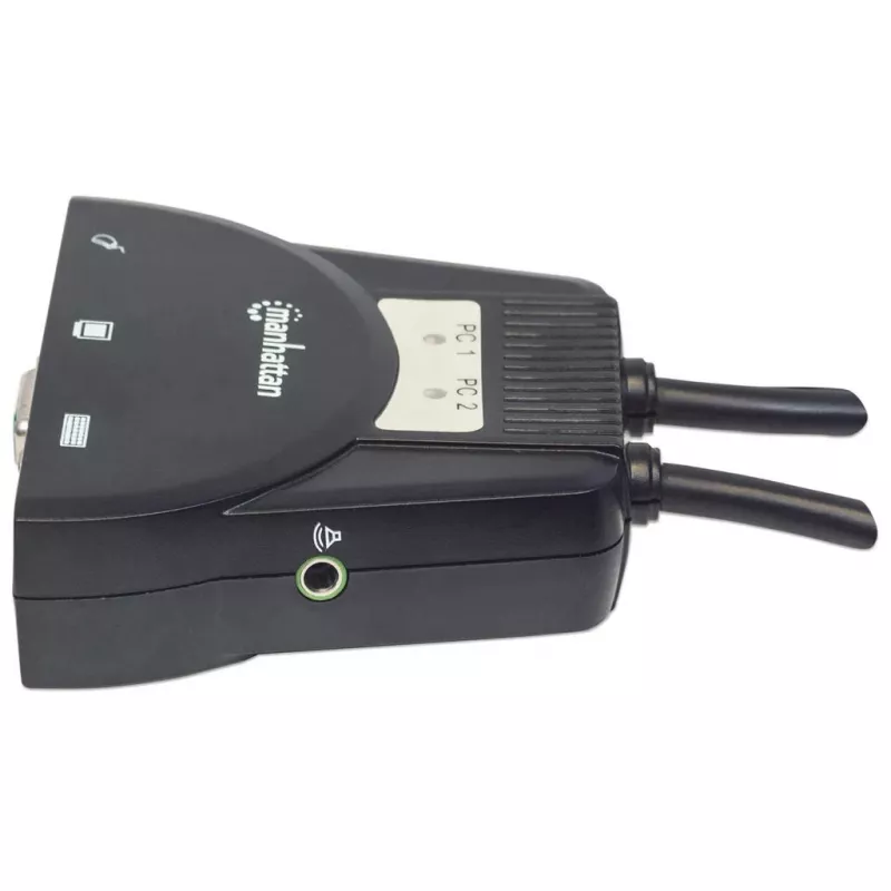 Manhattan KVM Switch Mini 2-Port, 2x USB-A, Cables included, Audio Support, Control 2x computers from one pc/mouse/screen, Black, Lifetime Warranty, Boxed