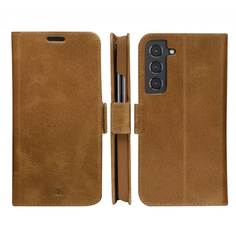 Folio phone case dbramante1928 Copenhagen Slim for Samsung Galaxy S22, 6.1 inch screen, tan, desktop stand